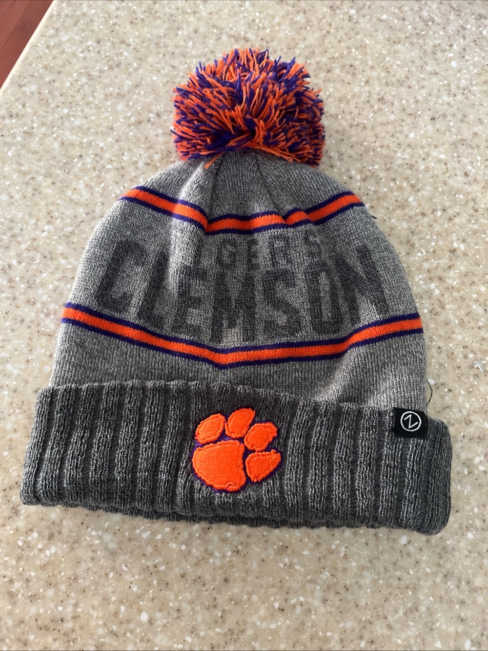 Gray Knit Pom Beanie with Orange & Purple Accents - Clemson